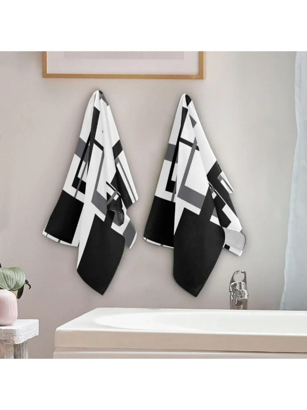 Set of 2 Black & White Geometric Hand Towels - Absorbent Microfiber, Modern